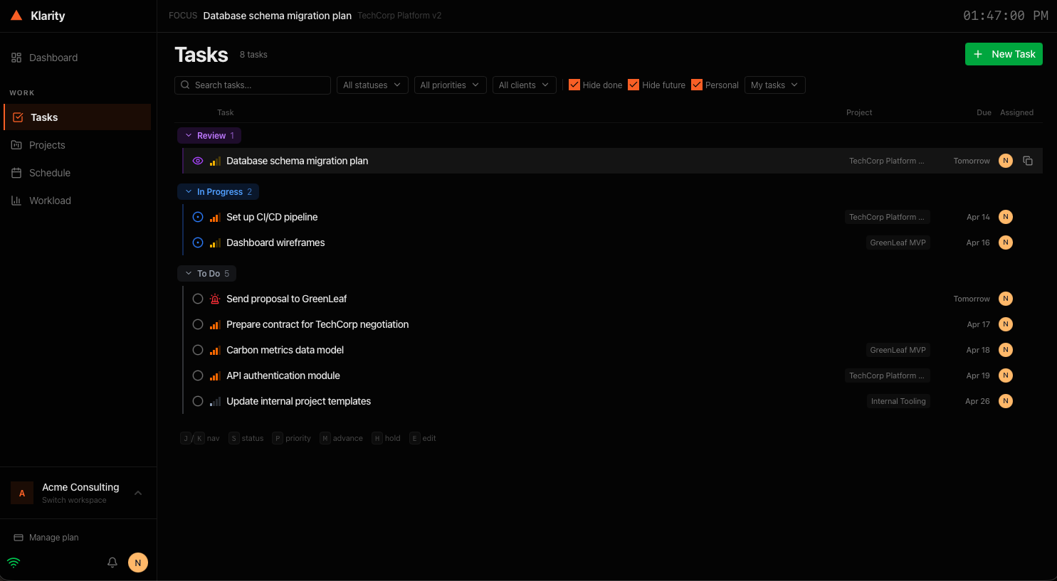 Klarity task management interface